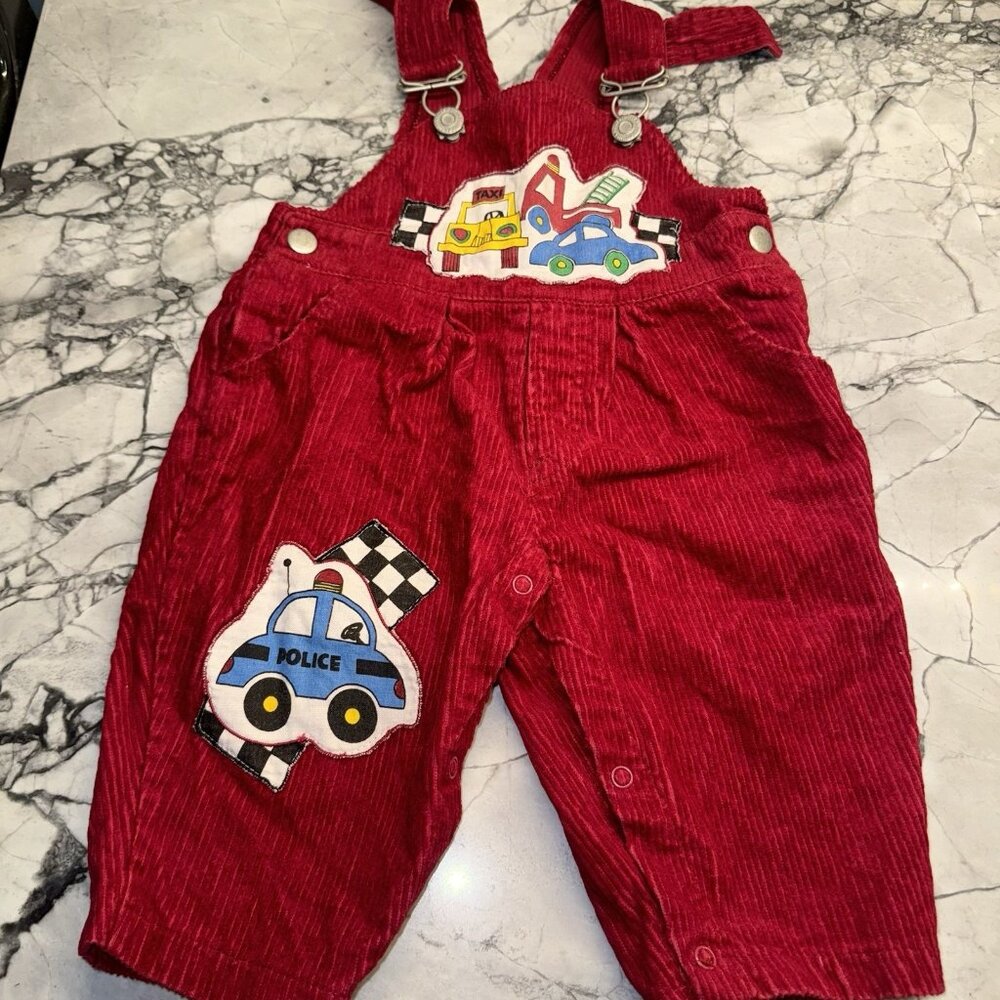 Little By Little 6-9 Months Vintage Corduroy Red Overalls Vehicles Police Fire